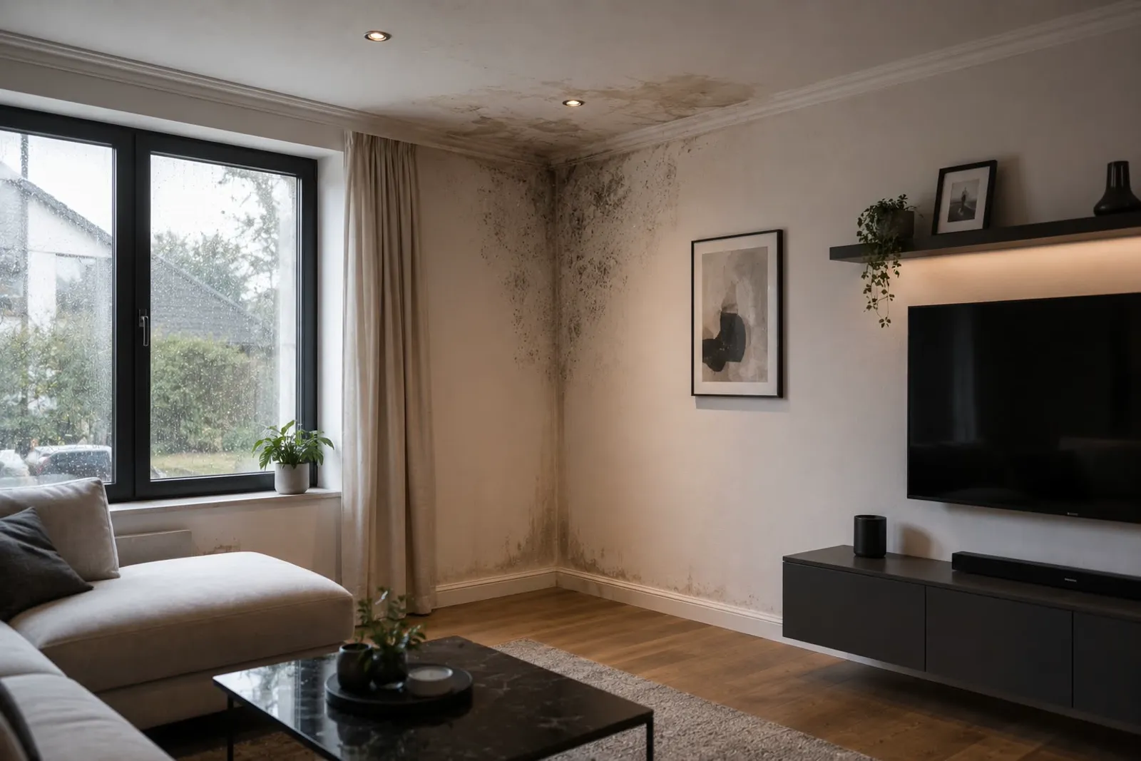 Schimmelbefall an Wand und Decke in der Ecke eines Wohnraums