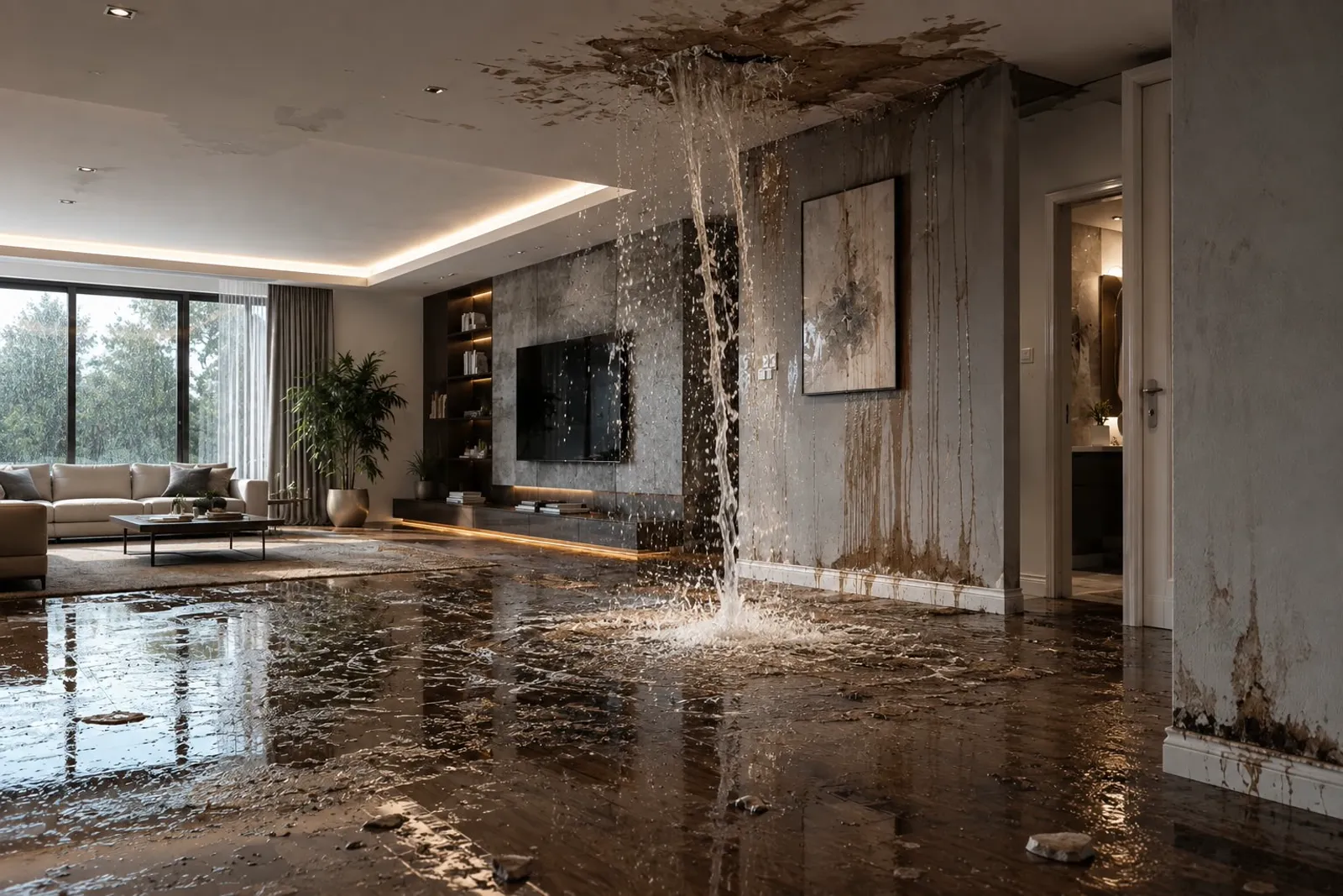 Wasserschaden in einer Wohnung — Wasser läuft durch die Decke auf den Boden